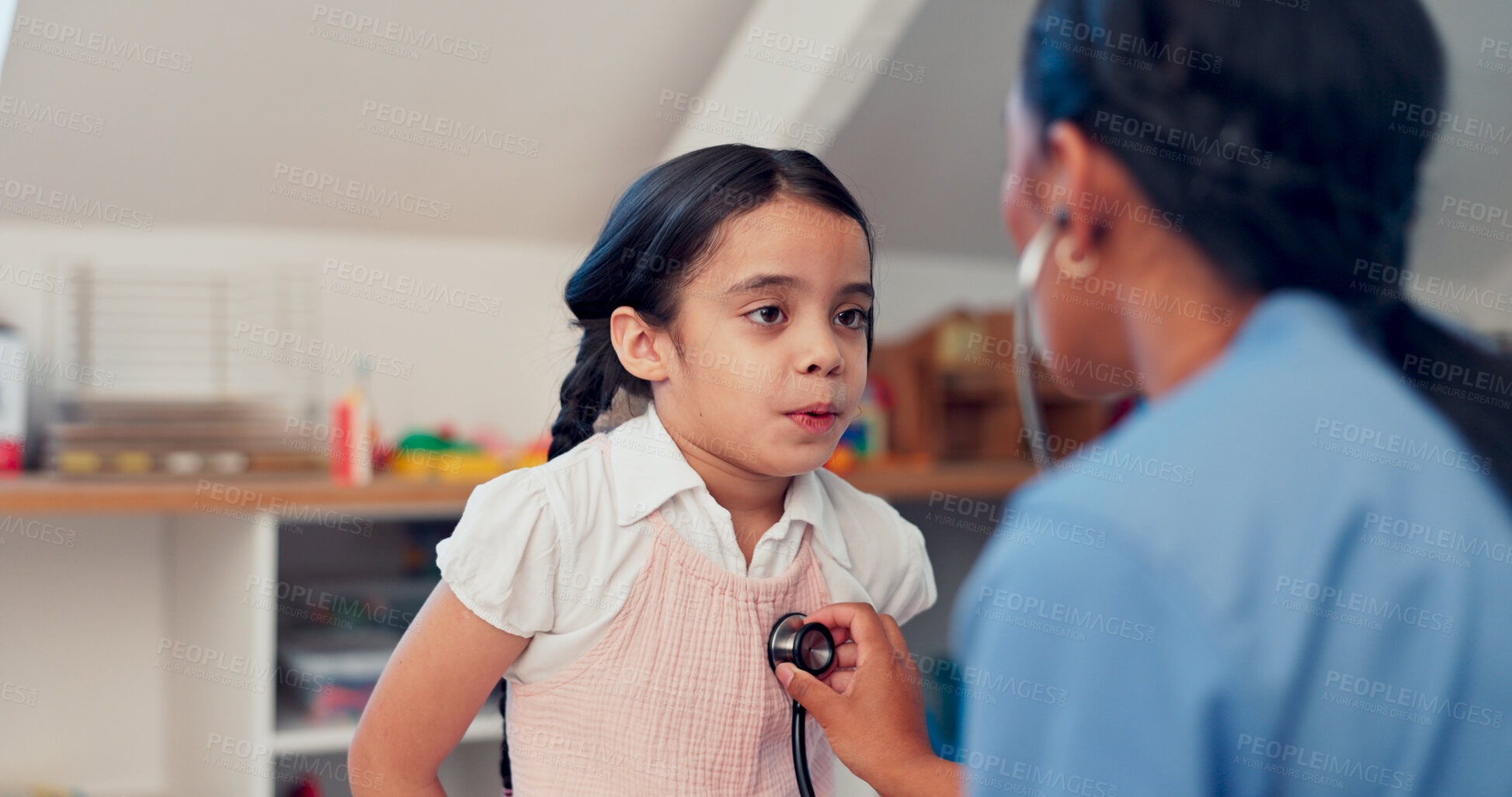 Buy stock photo Healthcare, nurse and girl with breathing for stethoscope, checkup and heart sound for respiratory condition. Clinic, sick kid and pediatrician with medical equipment, cardiology test and listening