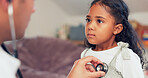 Healthcare, girl and doctor with listening for stethoscope, checkup and heart sound for respiratory condition. Clinic, sick kid and pediatrician with medical equipment, cardiology test and diagnosis