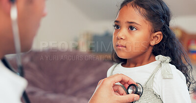Buy stock photo Healthcare, girl and doctor with listening for stethoscope, checkup and heart sound for respiratory condition. Clinic, sick kid and pediatrician with medical equipment, cardiology test and diagnosis