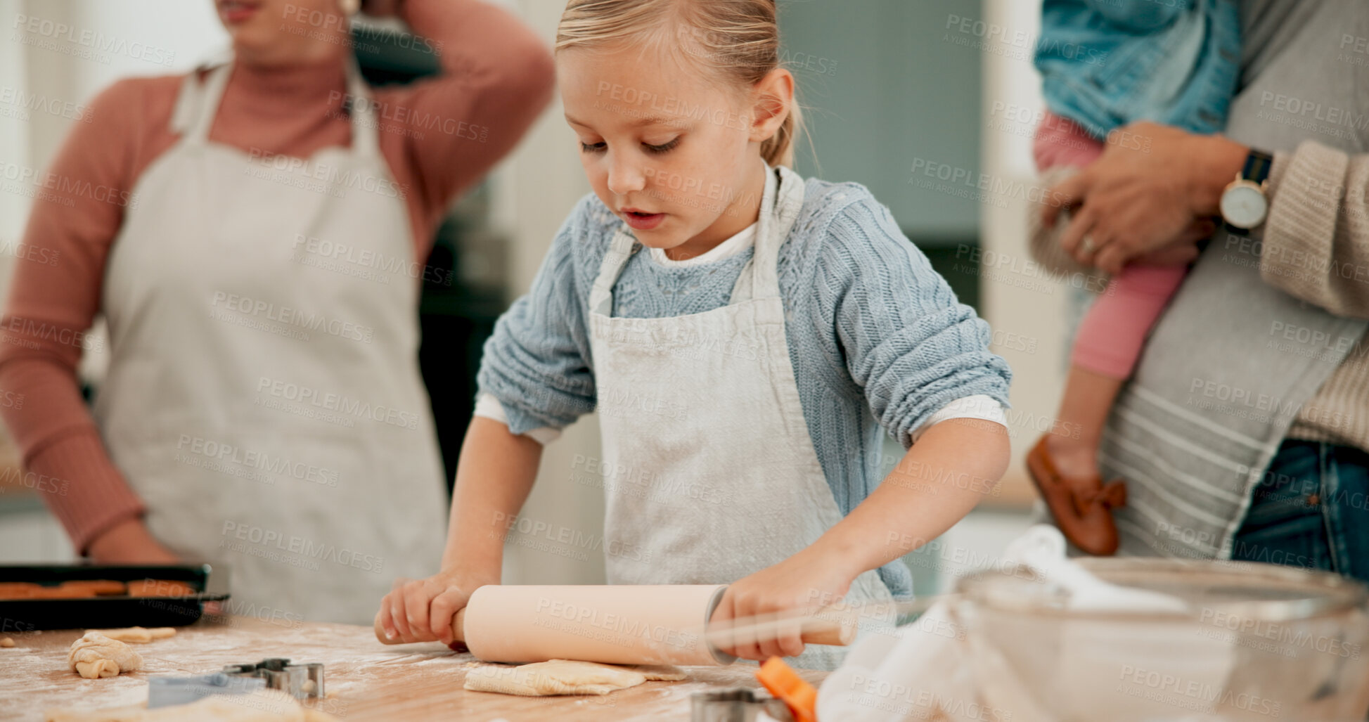 Buy stock photo Rolling pin, child and learning cooking skills for nutrition with parents in home for education. Kitchen counter, young person and girl and teaching for youth development, growth or family in bonding