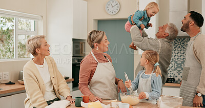 Buy stock photo Family, children and learning cooking skills for nutrition with parents in home for education. Kitchen counter, young person and girl in teaching, youth development and growth as community in bonding