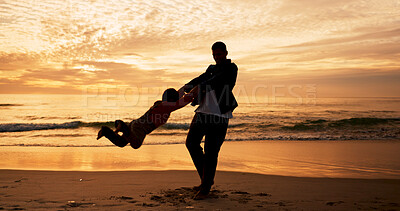 Buy stock photo Dad, son and lifting on beach at sunset for family bonding, travel for wellness with playful fun. Father, boy child and swinging by ocean with sand on vacation, adventure or freedom in Indonesia