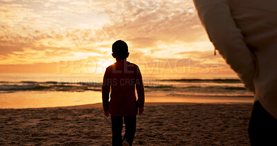 Buy stock photo Boy, mother and walking at sunset on beach, travel and explore nature or waves of ocean on vacation. Kid, mommy watch and sea for wellness or back in Florida on weekend, water and holiday adventure