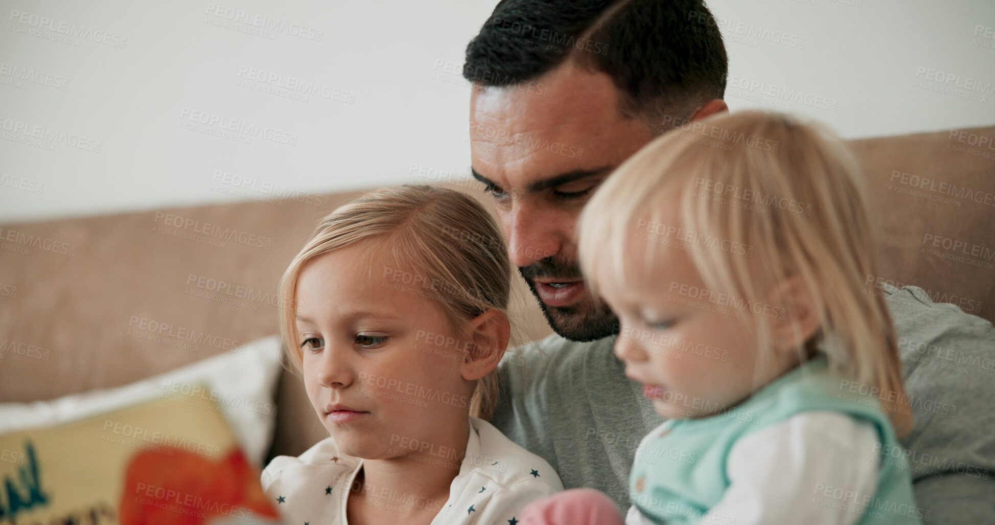 Buy stock photo Father, children and reading book in bed for storytelling, literature and bonding at bedtime. Home, daddy and daughters learning together for love, language and support or fiction for fairytale