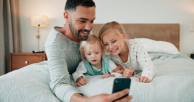 Buy stock photo Bed, selfie and father with girl children in home for bonding, communication or social media post. App, profile picture or smile and man with sister kids in bedroom for live stream or video call