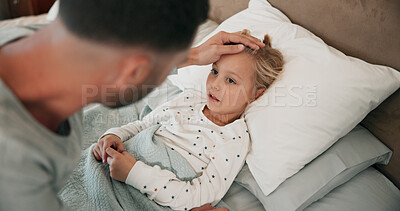 Buy stock photo House, father and sick girl in bed, cold flu and fever with symptoms, care or disease. Family, dad or daughter in bedroom, pain or parent monitoring illness, comfort or compassion with virus in home