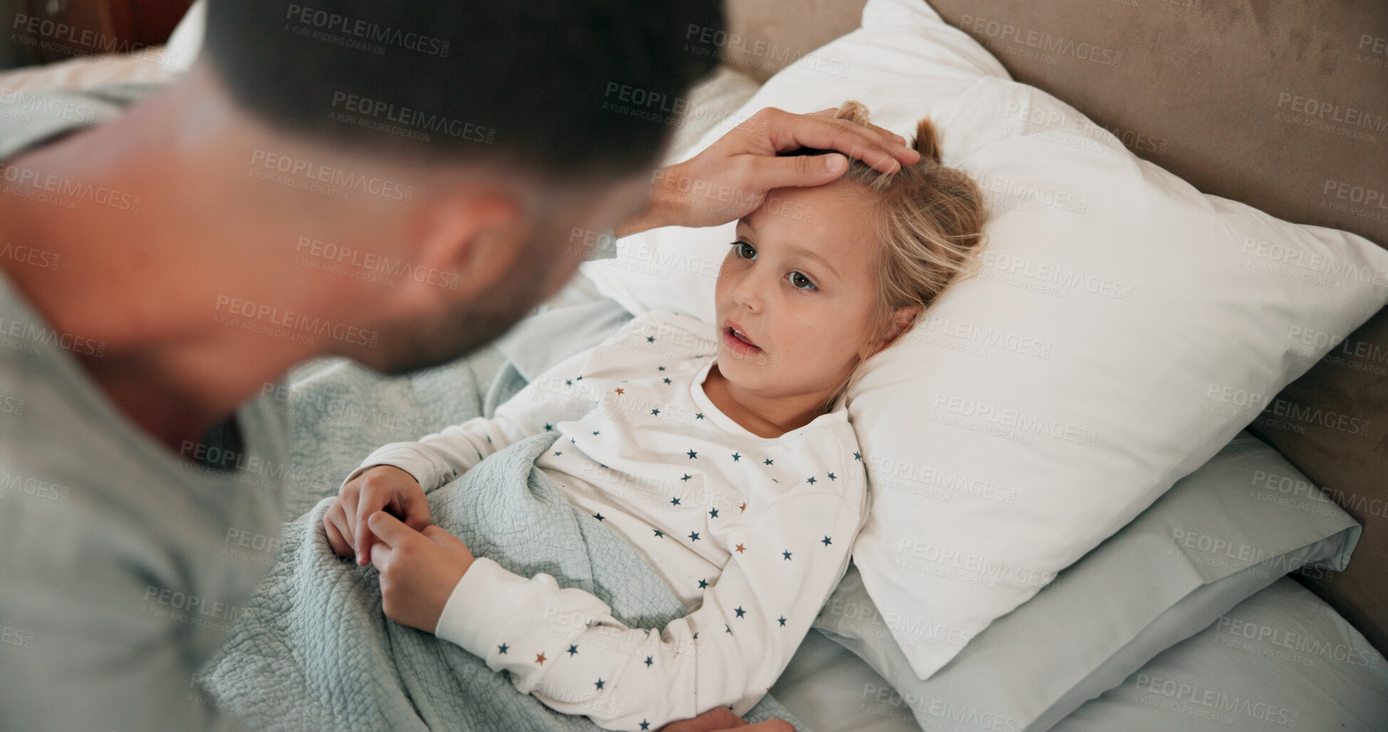 Buy stock photo House, father and sick girl in bed, cold flu and fever with symptoms, care or disease. Family, dad or daughter in bedroom, pain or parent monitoring illness, comfort or compassion with virus in home