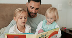 Father, children and reading in bed for storytelling, literature and family bonding at bedtime. Home, daddy and kids learning together for listening, language and support or fiction for fairytale