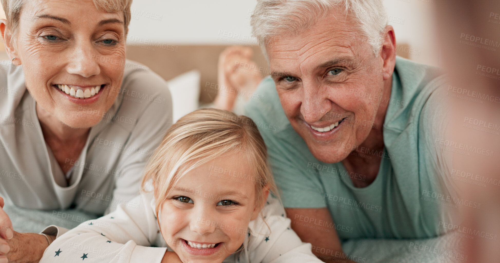 Buy stock photo Portrait, selfie and kid with grandparents in home for happy memory, love and family bonding. Face, grandmother and grandfather with girl child in profile picture for photograph together in bedroom