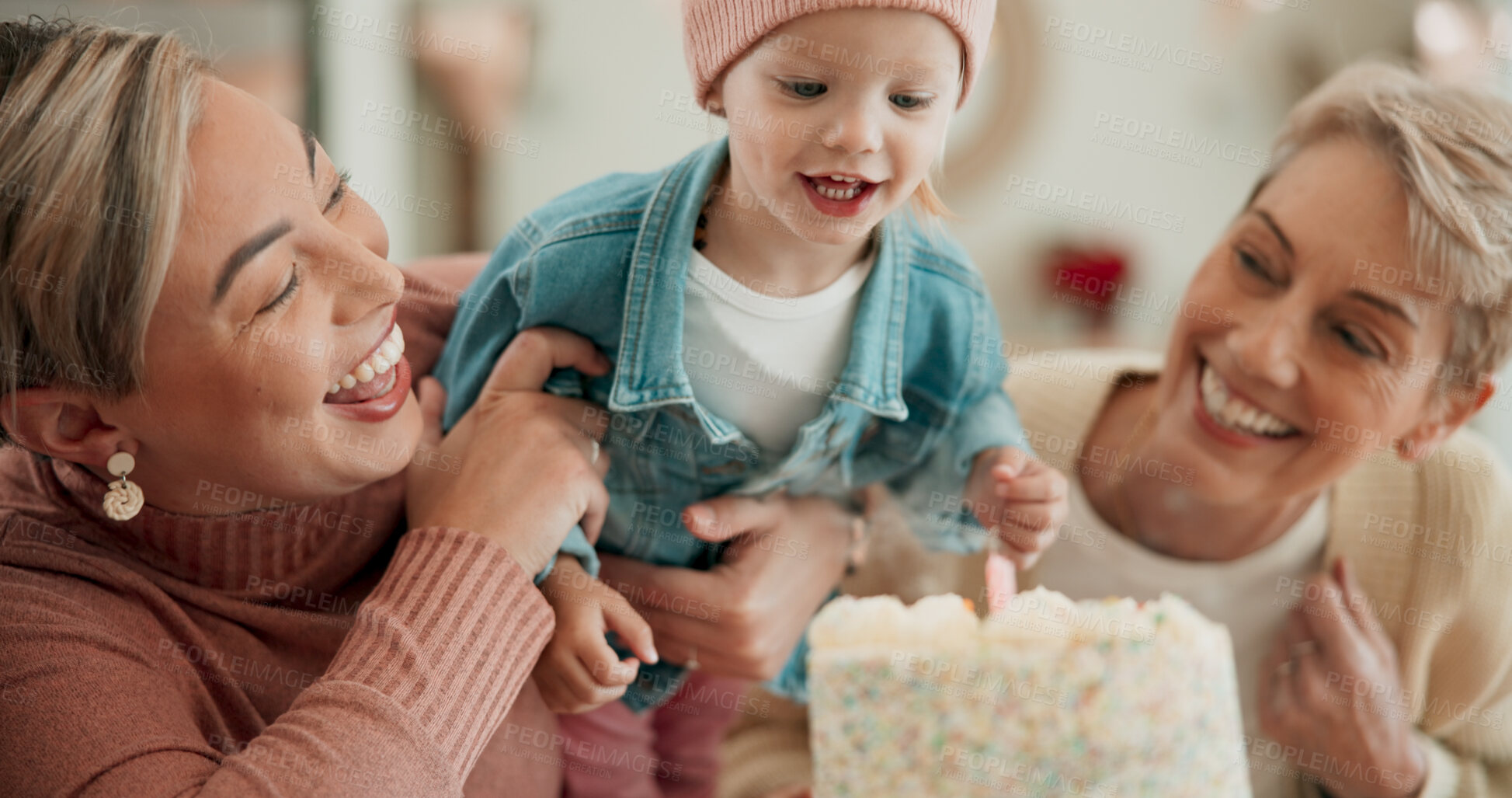 Buy stock photo Girl, family and blowing cake for birthday celebration with excitement, love and support for fun. People, women and happy or smile for party or event with child development, growth and care at home