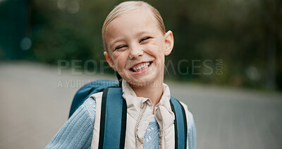 Buy stock photo Child, portrait or happy girl ready for education development, opportunity or studying with smile. Funny face, learning and proud female student excited by back to school, knowledge and scholarship