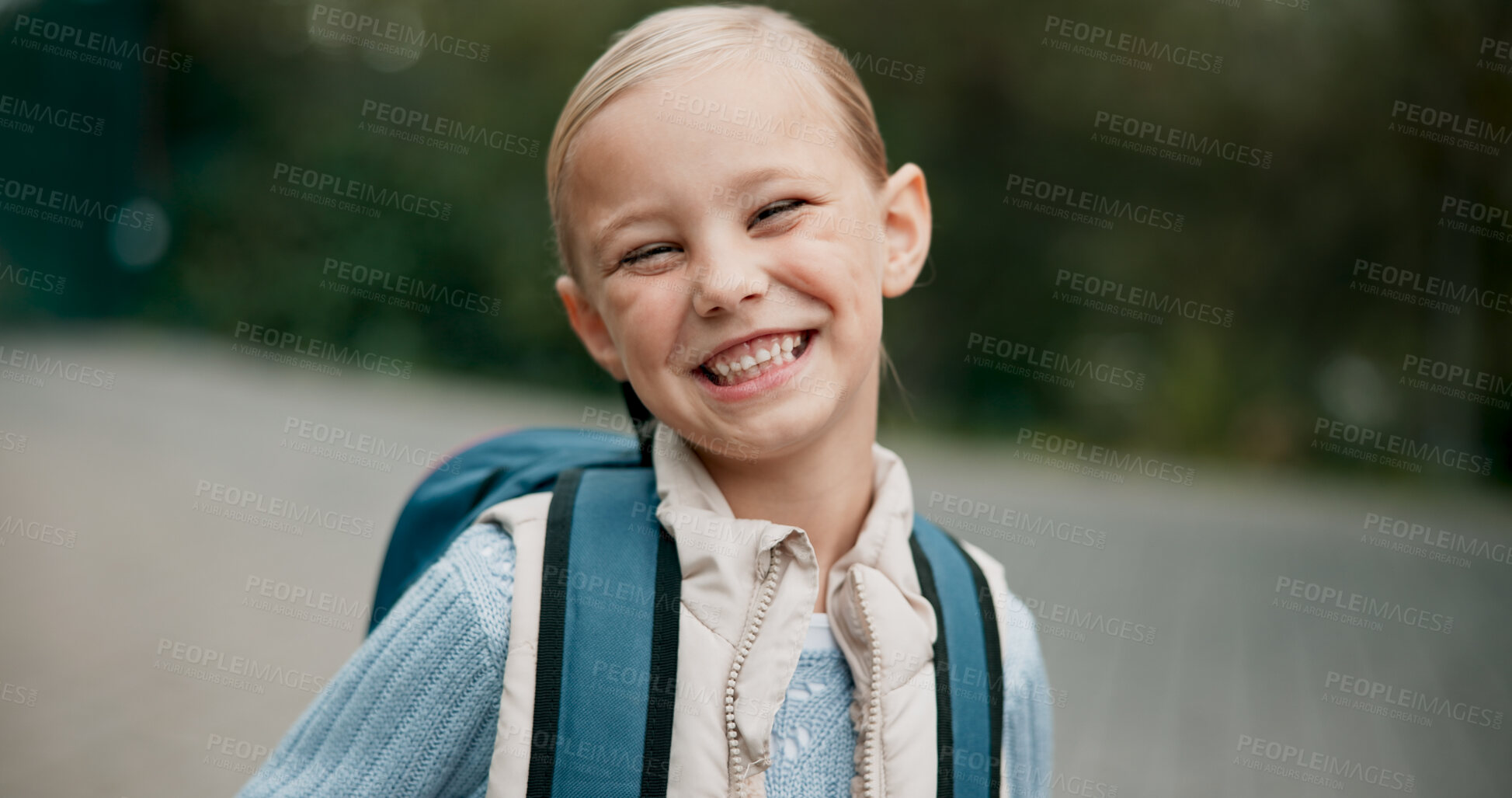 Buy stock photo Child, portrait or happy girl ready for education development, opportunity or studying with smile. Funny face, learning and proud female student excited by back to school, knowledge and scholarship