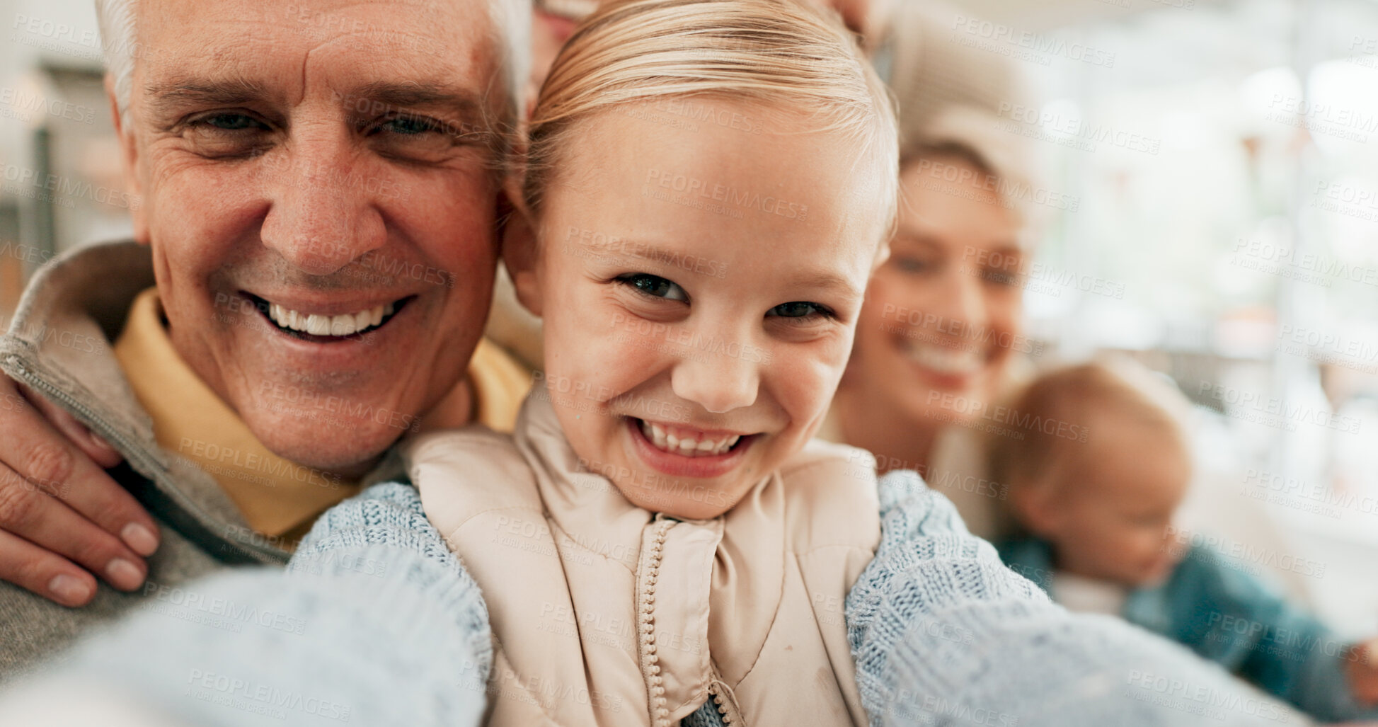 Buy stock photo Portrait, smile and selfie of kid with grandfather for happy memory, love or family bonding in home. Face, profile picture and girl child with grandparents for connection, care or photograph together