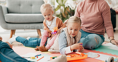 Buy stock photo Kids, parents and drawing for education on floor with family bonding, learning art and teaching creativity. Woman, girl and paper for sketch support, writing activity and skills development at house