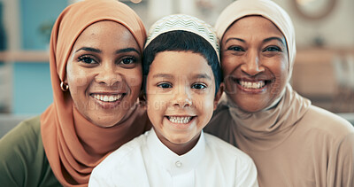 Buy stock photo Muslim family, smile and portrait in home, together and happy for islamic new year or bonding with boy. Hijab woman, grandmother and arabic clothing in lounge, Muharram mubarak and Malaysian people