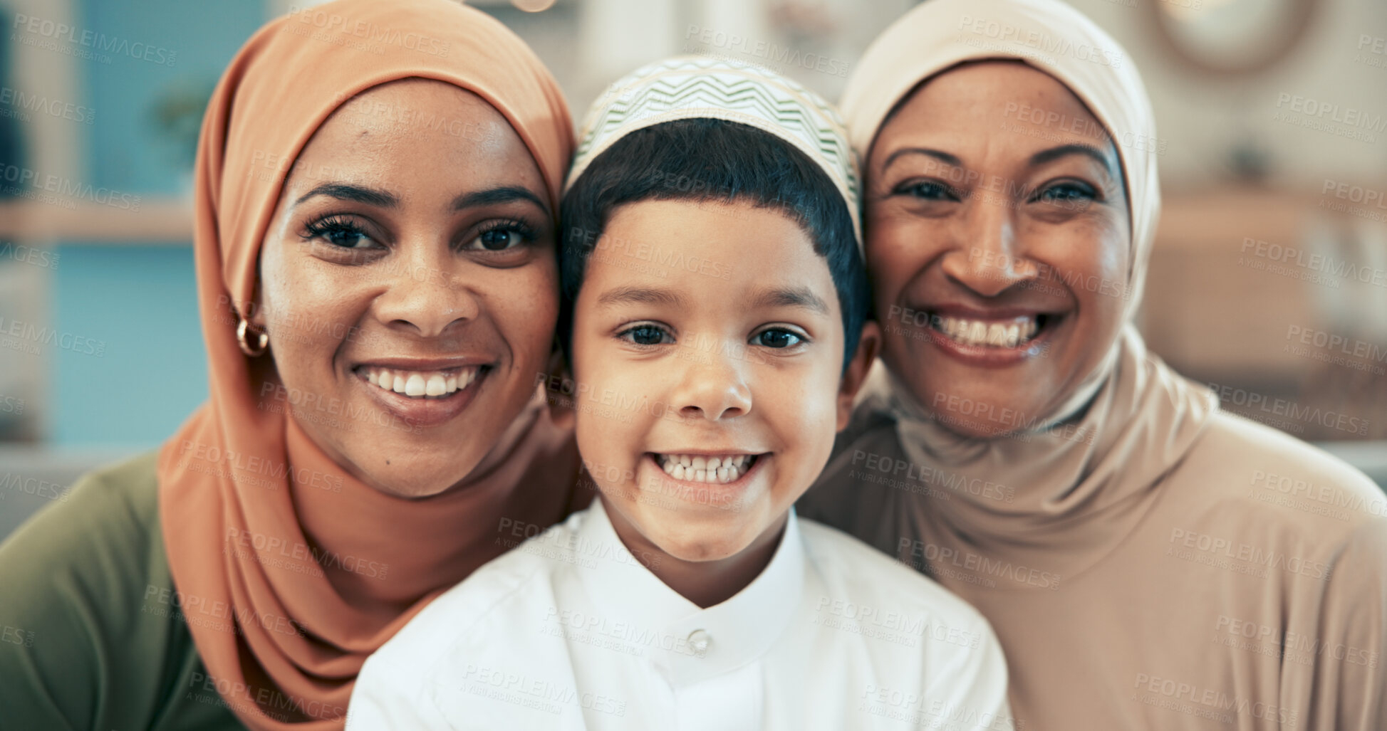 Buy stock photo Muslim family, smile and portrait in home, together and happy for islamic new year or bonding with boy. Hijab woman, grandmother and arabic clothing in lounge, Muharram mubarak and Malaysian people