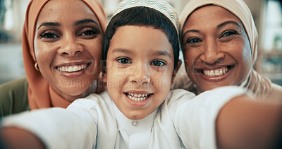 Buy stock photo Muslim family, happy and portrait selfie in home, together and bonding with boy. Hijab mother, grandmother and child in picture for islamic new year memory, celebration capture and Muharram mubarak