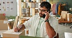Man, phone call and writing on package for delivery of small business, e commerce information and distribution. Entrepreneur, mobile and product order, supply chain and postage invoice for transport