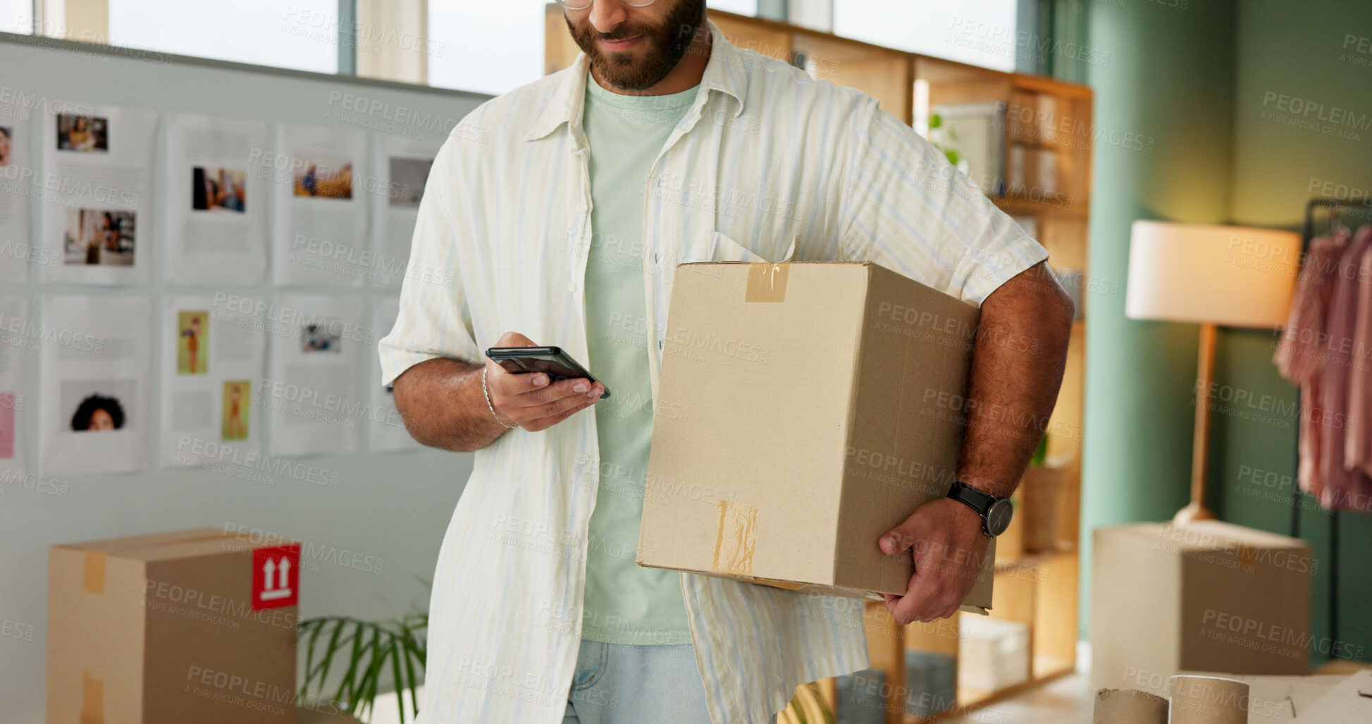 Buy stock photo Man, phone and package for delivery of small business of e commerce order, online information and planning transport. Owner, mobile and logistics for supply chain, supplier invoice and courier app