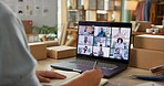 Boxes, online meeting and business people with computer, conversation and planning for company growth. Virtual presentation, group or employees with laptop, ecommerce stakeholder or b2b collaboration