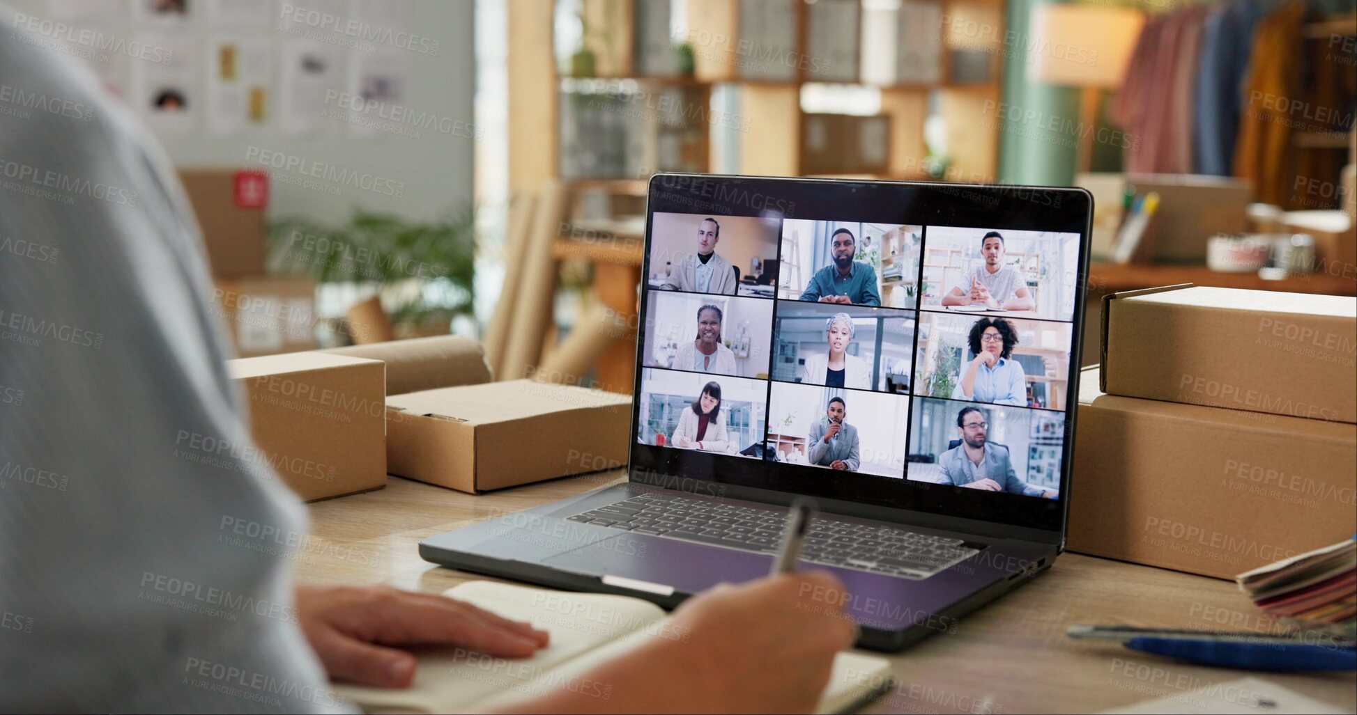 Buy stock photo Boxes, video call and business people with computer, screen and planning for connection. Virtual presentation, group and employees with pc, ecommerce stakeholder and b2b collaboration with webinar