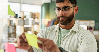 Buy stock photo Man, workshop and glass wall for thinking, sticky notes and report for strategy. Owner, vision and idea for small business, presentation and brainstorming for partnership or b2b networking project