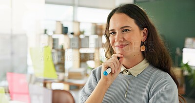 Buy stock photo Woman, workshop and glass wall for thinking, sticky notes and report for strategy. Owner, vision and idea for small business, presentation and brainstorming for partnership or b2b networking project