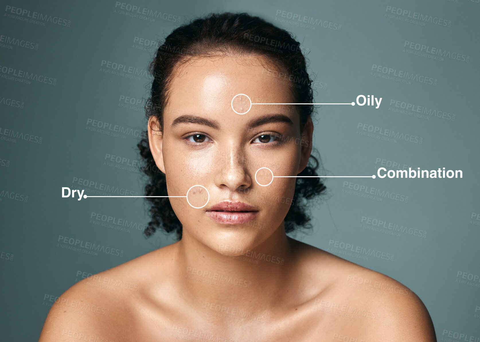 Buy stock photo Skin type, woman and portrait with skincare analysis for dermatology and facial texture solution. Text, label and beauty breakdown for facial, acne and wellness of face with treatment plan in studio
