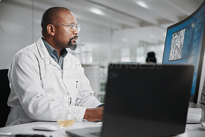 Buy stock photo Computer screen, report and science with man in laboratory for medical or pharmaceutical research. Innovation, laptop and study with African scientist at work for analysis, development or experiment