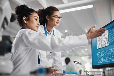 Buy stock photo Teamwork, technology and analysis in laboratory for science, innovation or experiment. Collaboration, group and woman in clinic or hospital for research, advice or professional career in medical care