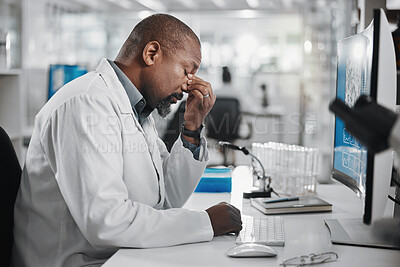 Buy stock photo Black man, scientist and stress in laboratory for analysis, innovation and medical research. Development, technology and professional person or expert in clinic for diagnosis, cure and headache