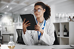 Chemistry, science and tablet with woman in laboratory for medical or pharmaceutical research. Biotechnology, innovation and study with scientist at work for analysis, development or experiment