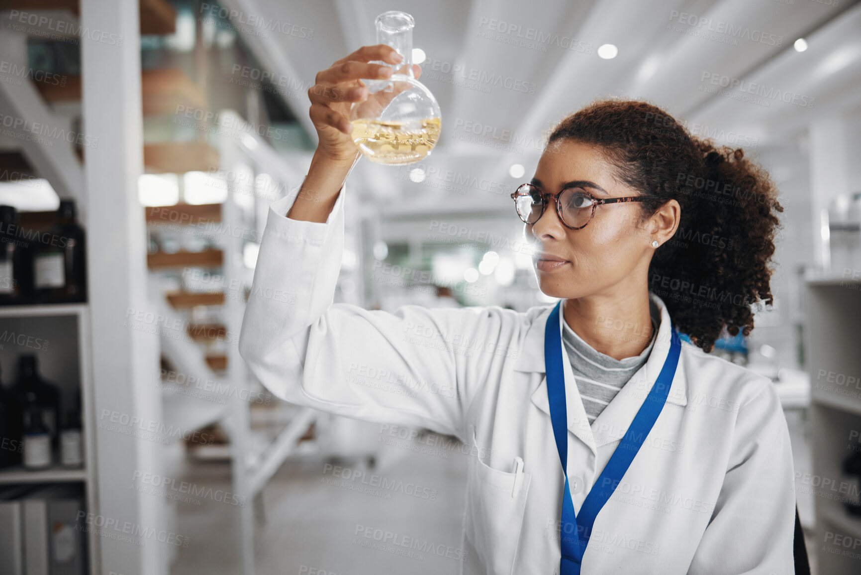 Buy stock photo Reaction, science and solution with woman in laboratory for medical or pharmaceutical research. Innovation, liquid and study with scientist at work for analysis, chemical development or experiment