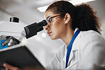 Microscope, science and tablet with woman in laboratory for medical or pharmaceutical research. Innovation, sample and technology with scientist at work for analysis, development or experiment