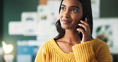 Buy stock photo Woman, happy and business phone call for startup, smiling and communication with client for order or deal negotiation. Talking, listening and online networking, information and professional employee