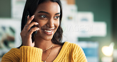 Buy stock photo Woman, happy and business phone call for startup, smiling and communication with client for order or deal negotiation. Talking, listening and online networking, information and professional employee