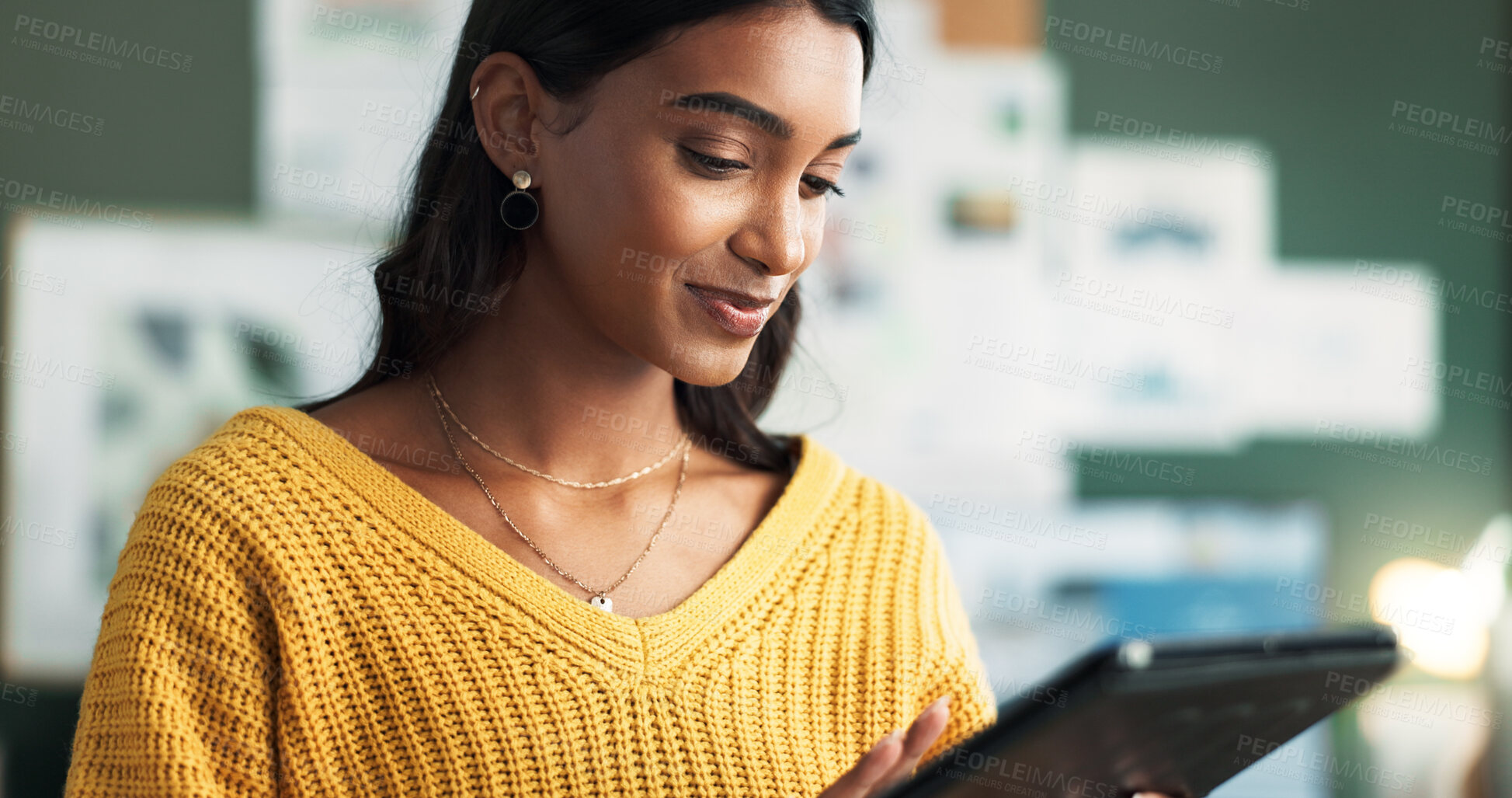 Buy stock photo Happy woman, remote work and reading on tablet for contact, research and positive feedback. Female freelancer, social media manager and tech in home office for communication, website and networking