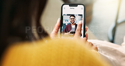 Buy stock photo Back, woman and hands on phone screen of dating app at house with online meeting, profile match and connection. Person, mobile app and swipe on web for relationship, decision and subscription
