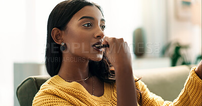 Buy stock photo Home, relax and girl with chocolate bar, smile and eating with candy, hungry and dessert. Person, apartment or woman with sofa, candy or sweet treats for snack, comfort or temptation with cacao