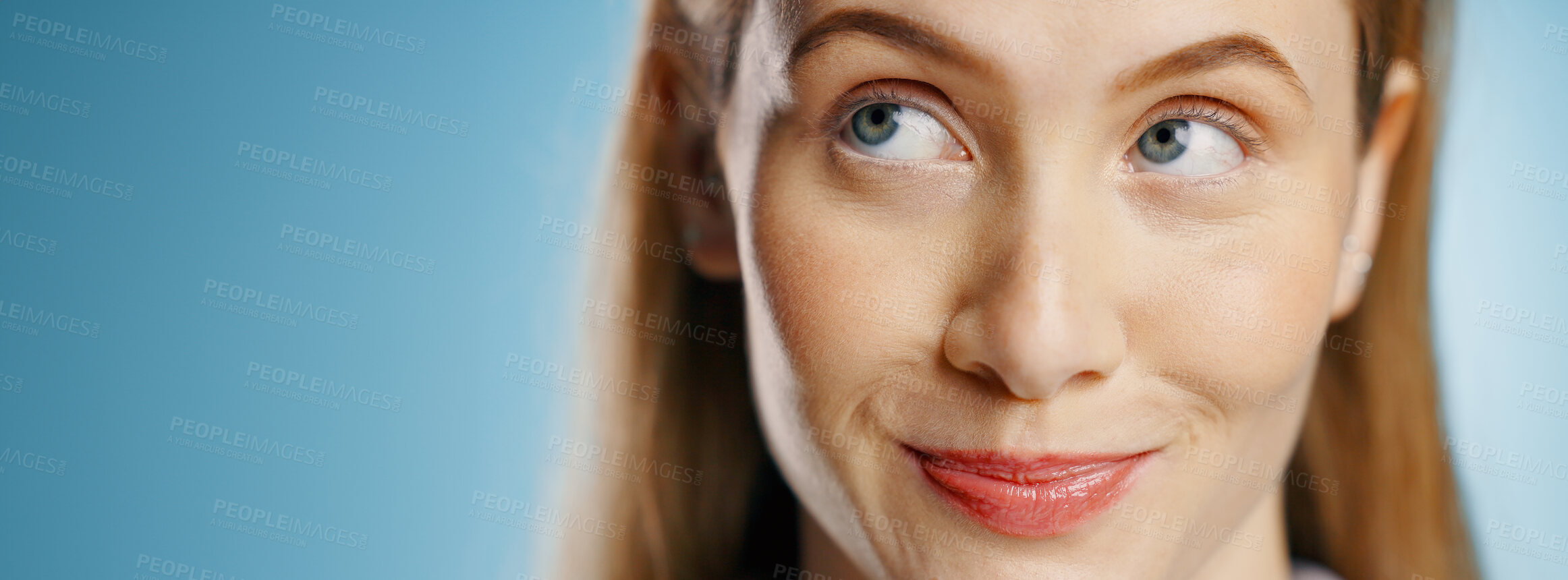 Buy stock photo Banner, woman and thinking for skincare, face and wellness in blue background for cosmetics. Female person, planning and smile for spa, cosmetology and studio for beauty, dermatology and mockup space