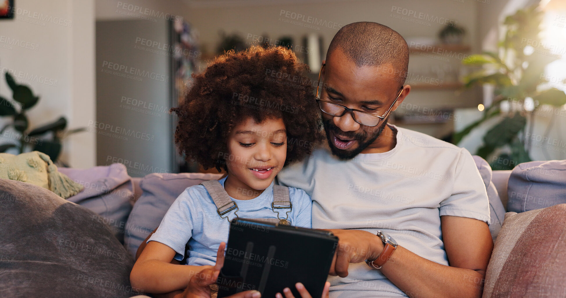 Buy stock photo Home, father and child on tablet for social media, bonding or streaming online for movie, film or video series. Ebook, reading or single parent with boy, child or touchscreen for learning development