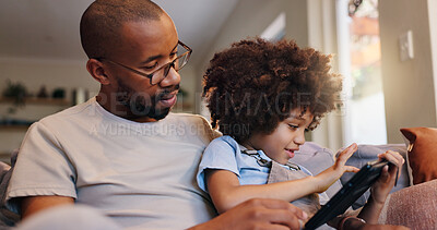 Buy stock photo Home, father and kid on tablet for games, bonding and streaming online for movie, film or video series. Technology, download and single parent with boy, child or touchscreen for learning development