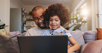 Buy stock photo Home, dad or kid on laptop for education, bonding or streaming online for movie, cartoon or video. Technology, download or single parent father with boy, child or touchscreen for learning development