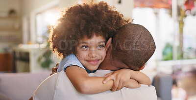 Buy stock photo Boy, father and happy or hugging in home, comfort and caring for relationship bonding with people together. Embrace, love and child development in apartment, family and weekend break in house