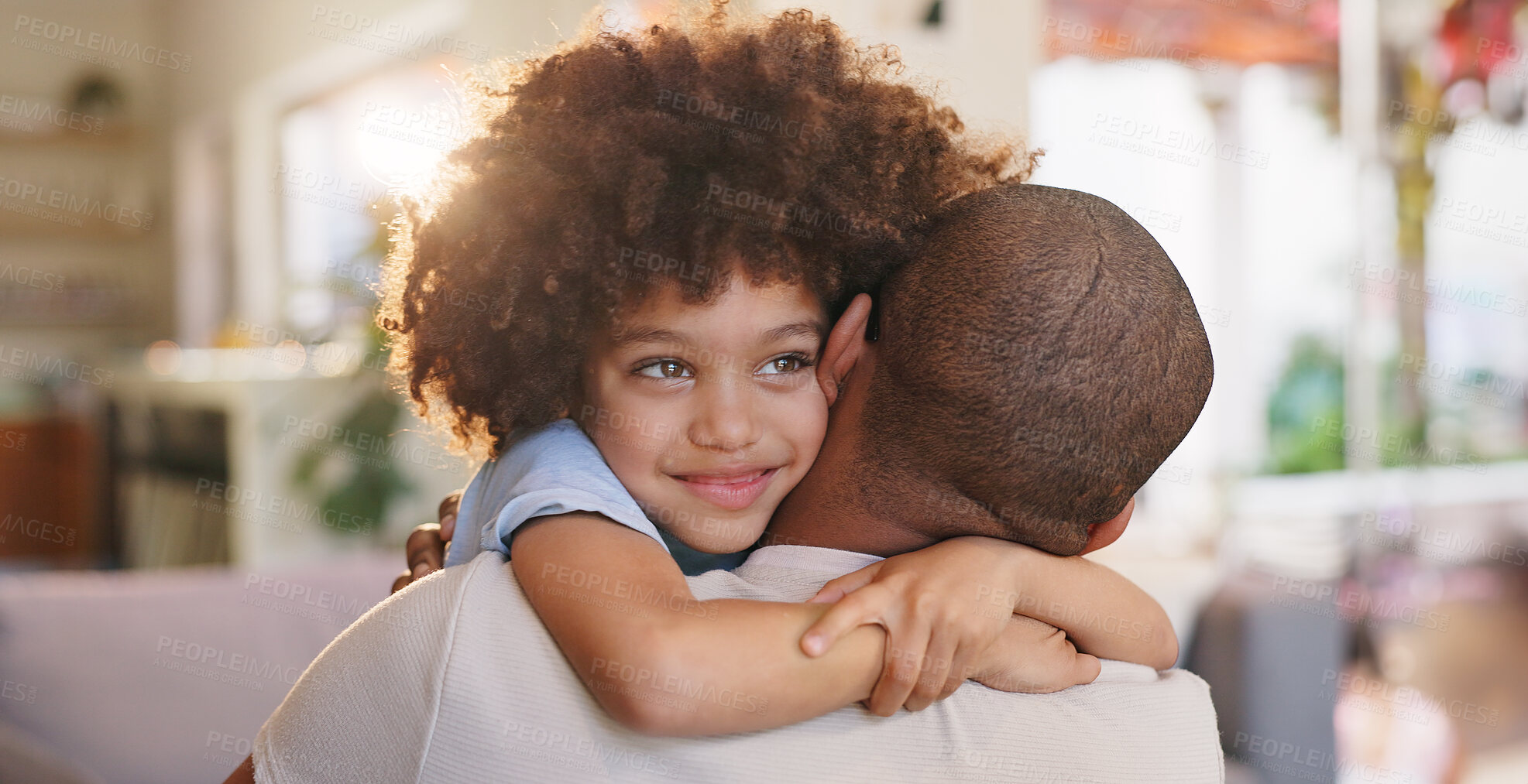 Buy stock photo Boy, father and happy or hugging in home, comfort and caring for relationship bonding with people together. Embrace, love and child development in apartment, family and weekend break in house