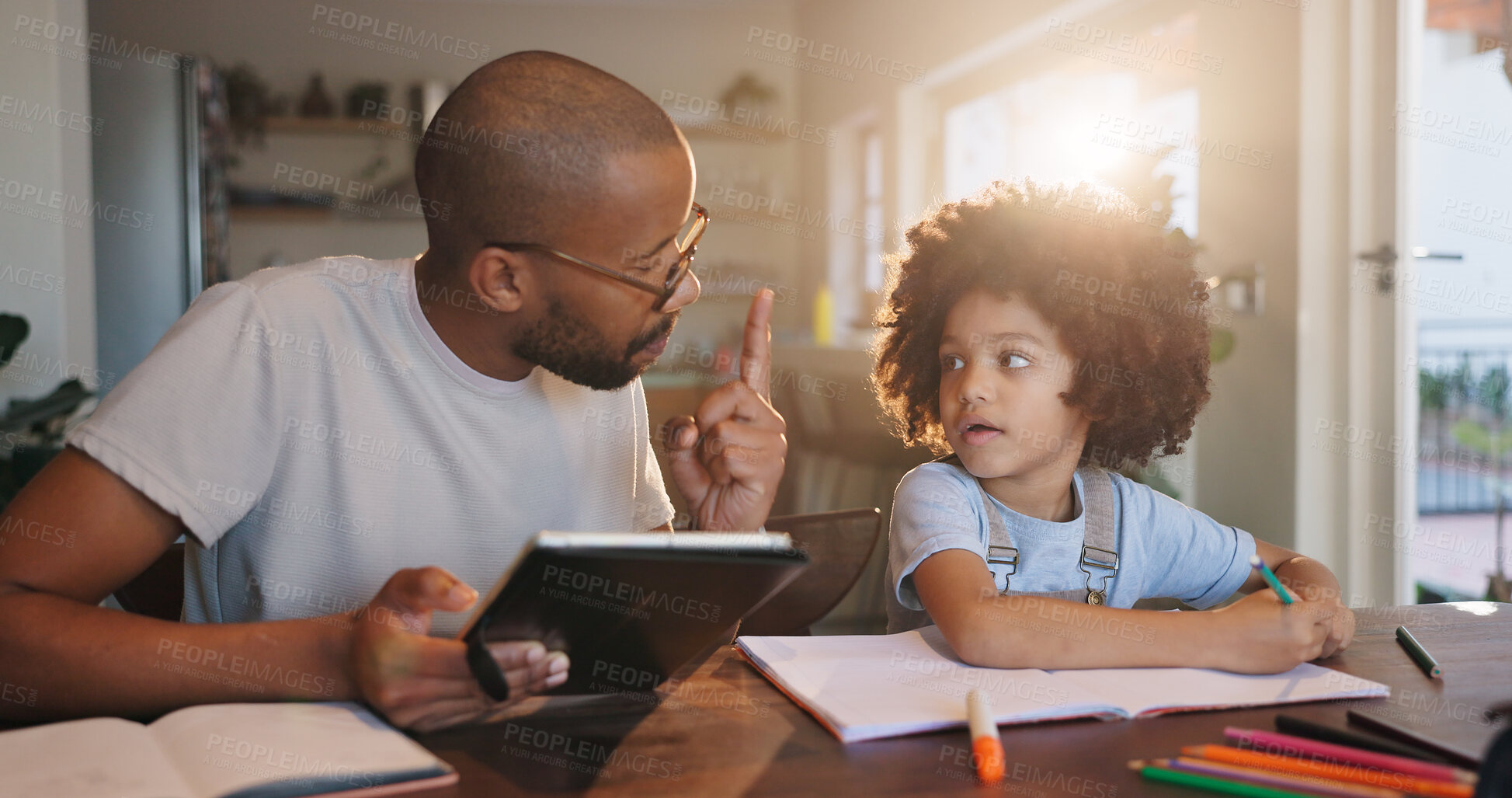 Buy stock photo African father, child and math homework with tablet, helping hand or counting for solution in family house. Support, man and son with books, problem solving and e learning for education at apartment