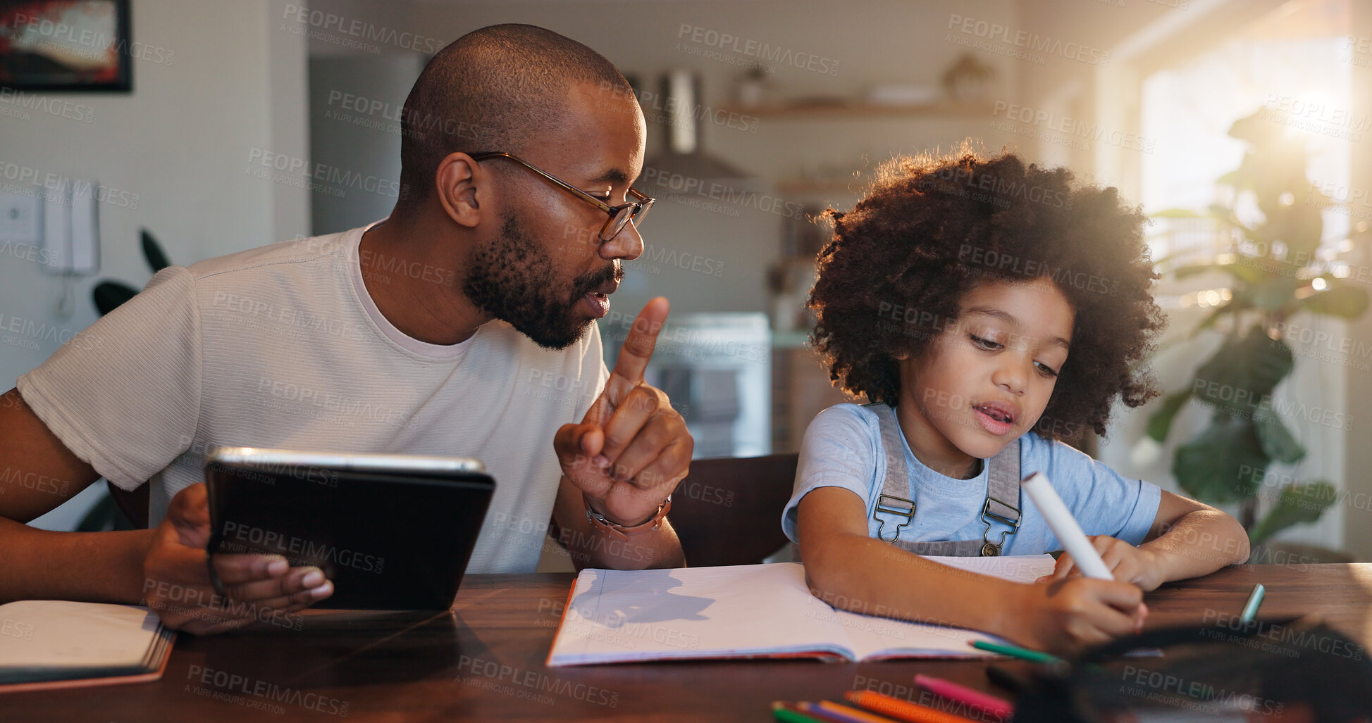 Buy stock photo Father, boy and tablet with writing, homework and helping hand for counting with solution in family house. African man, son and elearning app for development, math and book for education in study