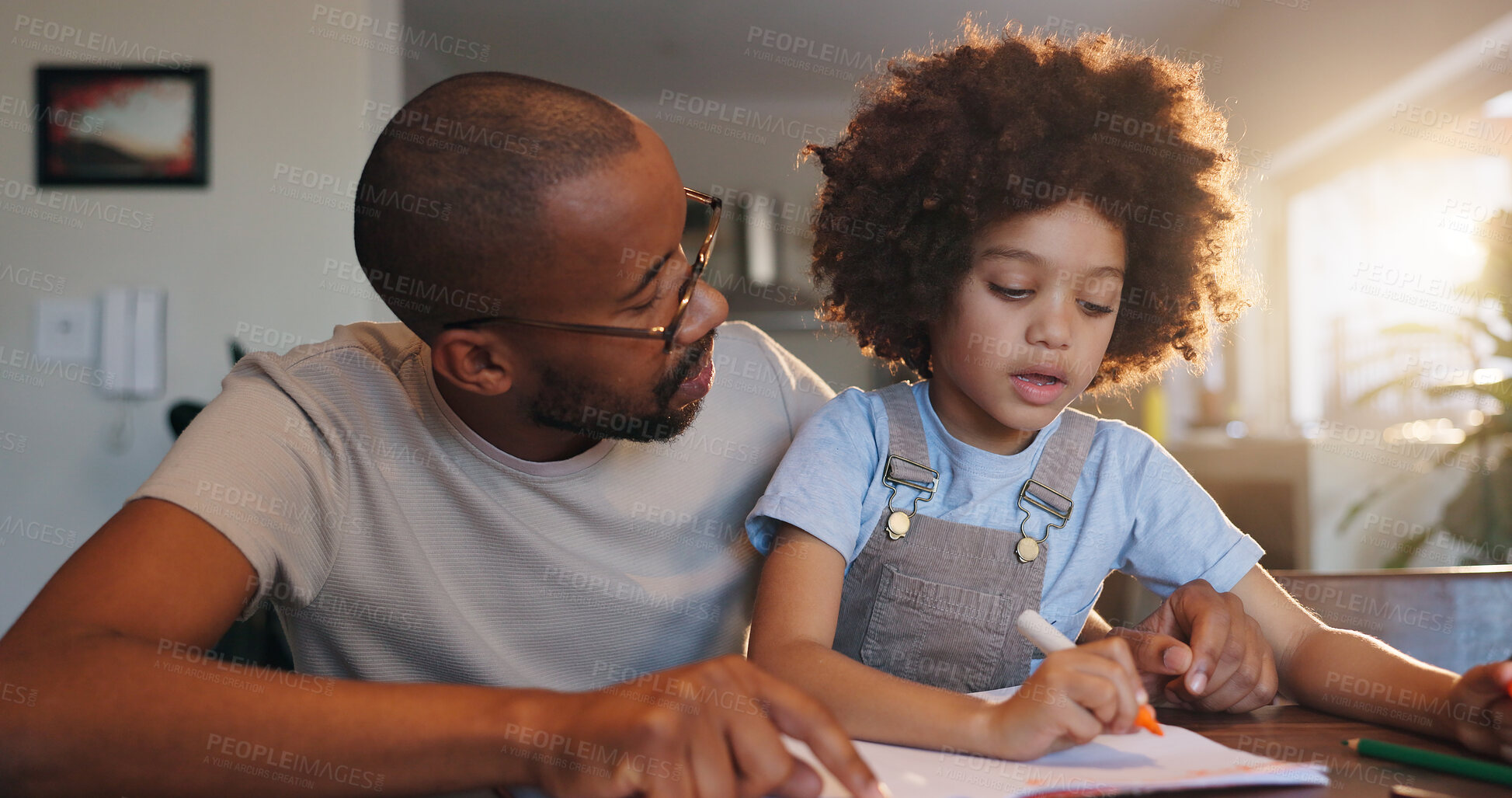 Buy stock photo Father, boy and book with writing, education or helping hand for advice with problem solving in family home. African man, son and learning for development, math or check notes at apartment in Chicago