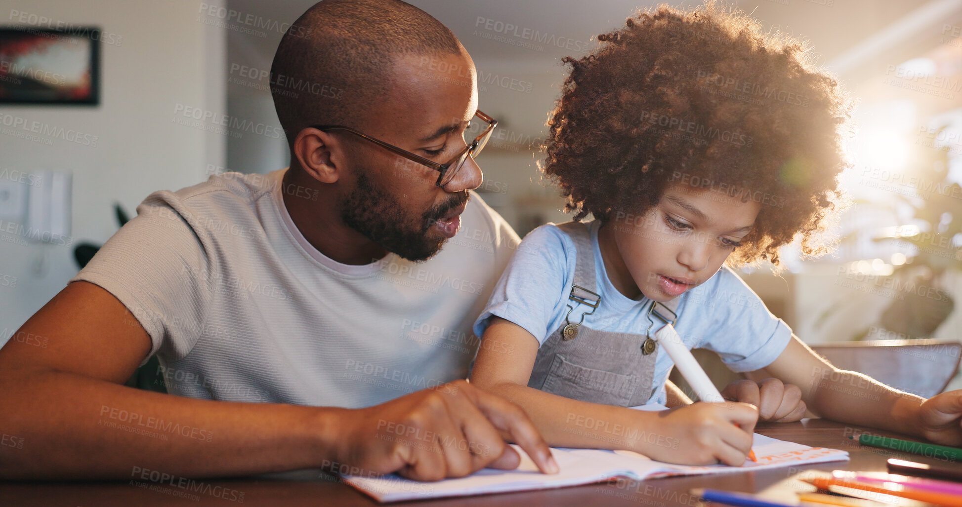 Buy stock photo Father, boy and notebook with writing, education or helping hand for advice with problem solving in family home. African man, child and learning for development, math or check at apartment in Chicago