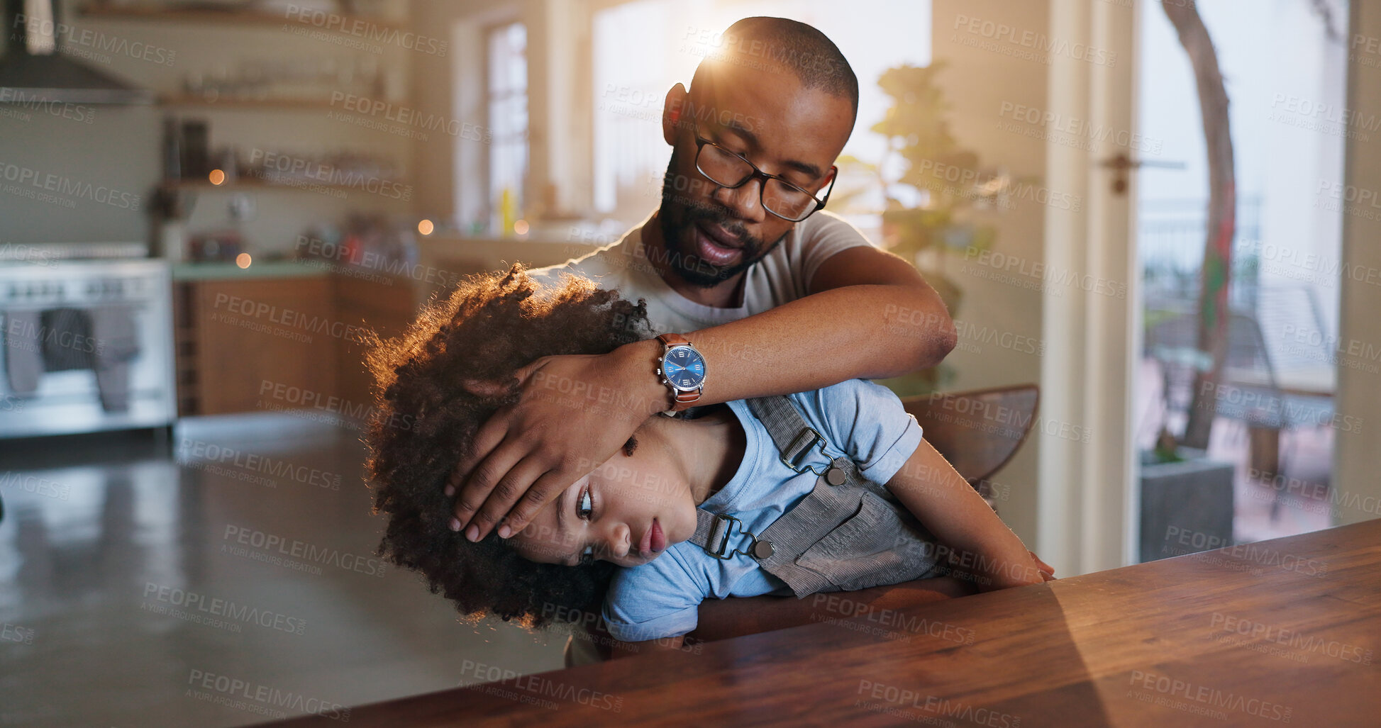 Buy stock photo Father, child and headache for care, check or help with comfort, love or support in family home. Dad, pain and hand on sick kid for fever, temperature or touch for migraine with empathy in apartment